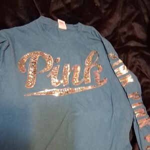 Victoria's Secret Blue Long Sleeve Tee with Sparkling Logo